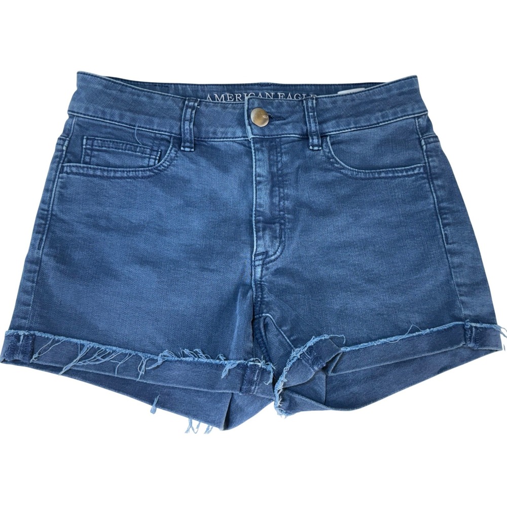 American Eagle Super Super Stretch Dark Wash Raw Hem Denim Shorts Womens Size 6